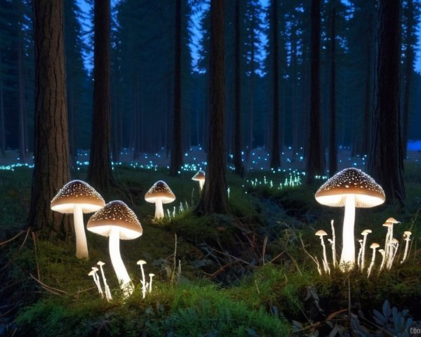 Twilight Forest with Glowing Mushrooms and Trees
