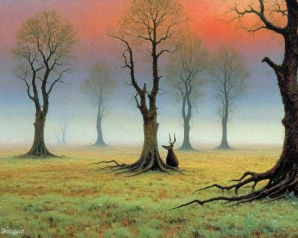 Misty Landscape with Trees and Solitary Stag