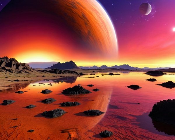 Alien Landscape with Reflective Water and Colorful Sky