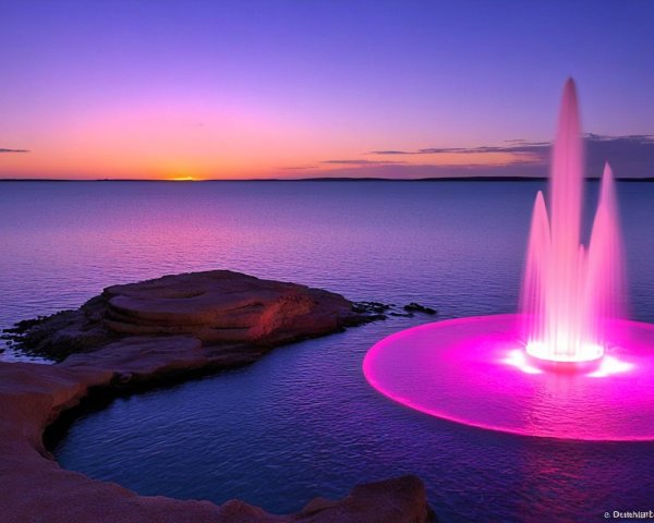 Tranquil Lakeside Scene with Vibrant Pink Fountain