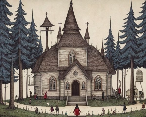 Whimsical Gothic Church Surrounded by Evergreen Trees