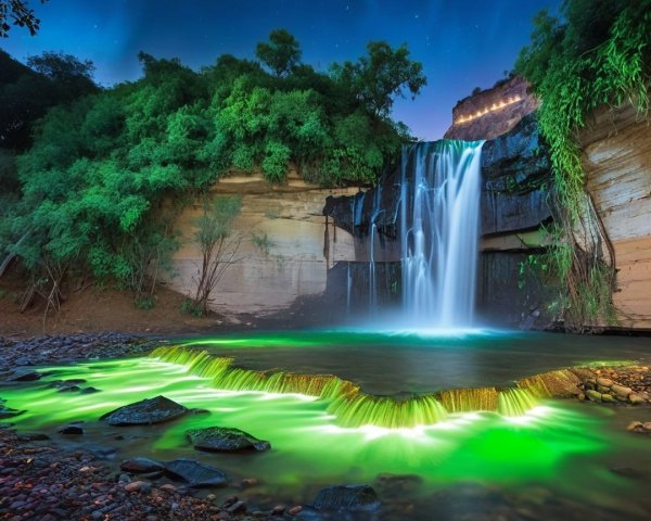 Cascading Waterfall and Lush Greenery Under Stars