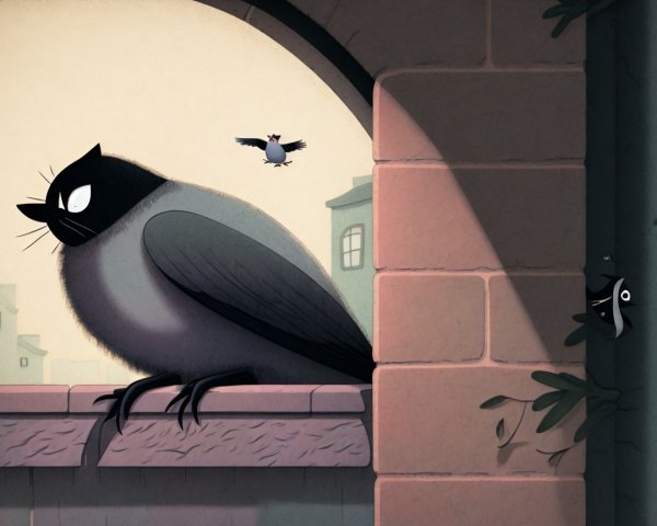 Whimsical Illustration of Cartoonish Birds and Buildings