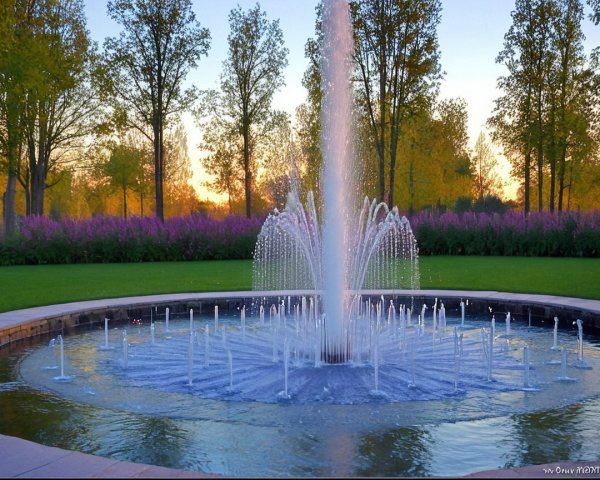 Fountain Display in Autumn Park with Sunset Glow