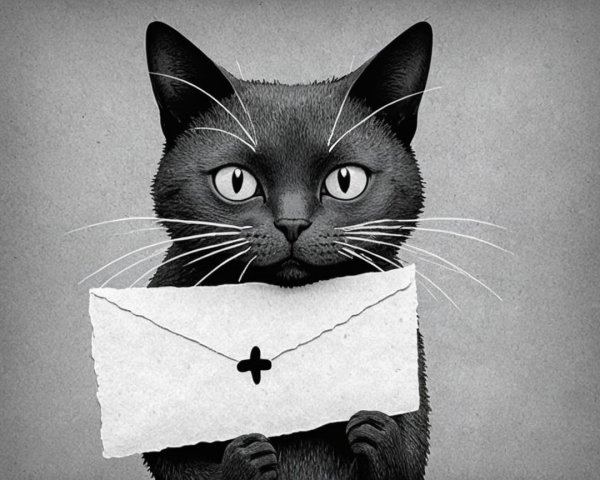 Whimsical Black Cat with Envelope on Gray Background