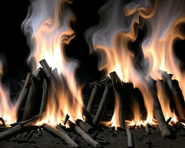 Vibrant Flames and Smoke from Wooden Logs on Black Background