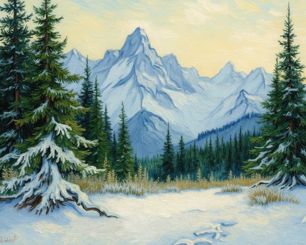 Serene Winter Landscape with Snow-Capped Mountains
