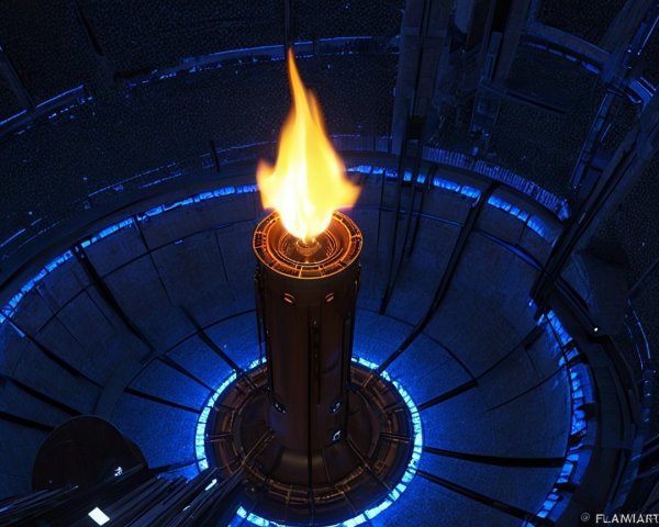 Futuristic space with a central torch and neon lights