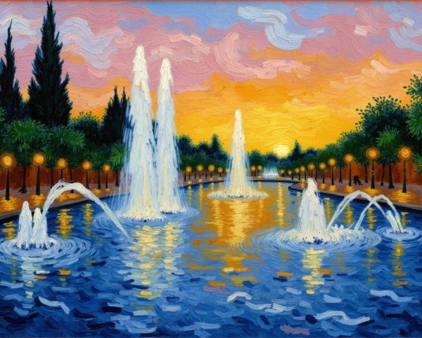 Twilight Scene with Fountain and Vibrant Sky Colors