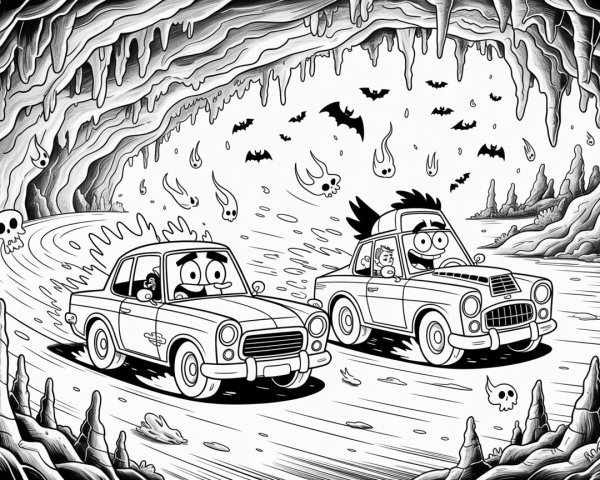 Cartoon Cars Racing in a Spooky Cave Setting
