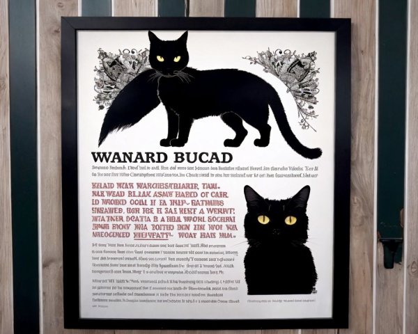 Framed Poster of Black Cat with Decorative Elements