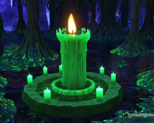 Mystical Forest with Green Candles and Ethereal Glow