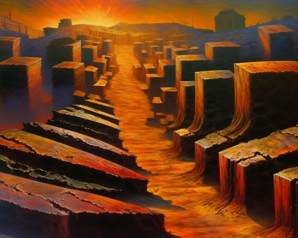 Surreal Sunset Landscape with Abstract Rock Formations