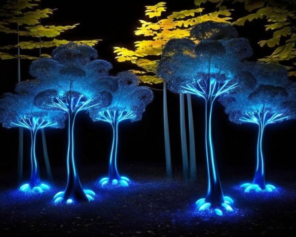 Glowing Blue Trees in a Dark Magical Setting