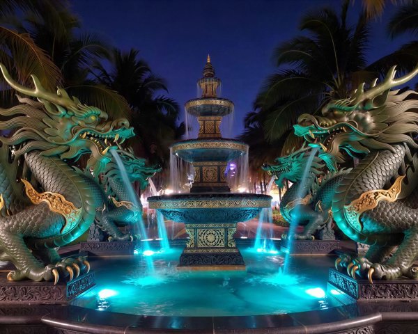 Green-Scaled Dragon Statues by Illuminated Fountain
