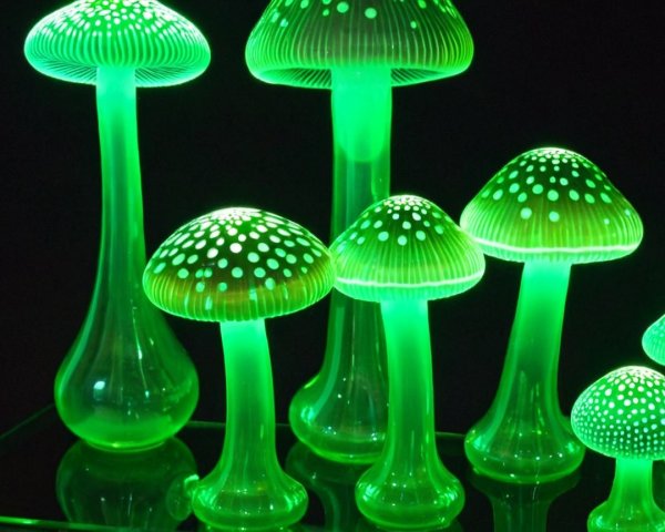 Glowing Green Mushrooms on Reflective Surface