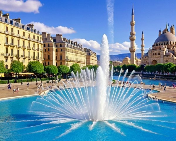 Vibrant city square with dynamic fountain and mosque