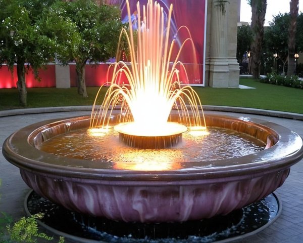 Illuminated Fountain in Lush Garden Setting