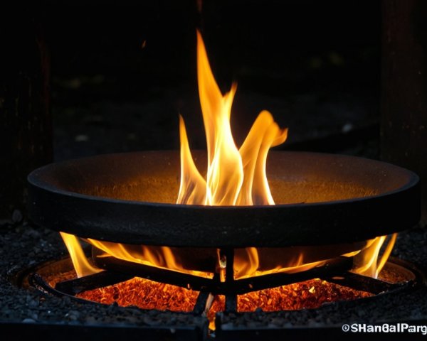 Vibrant Flame in Cast Iron Skillet with Glowing Embers