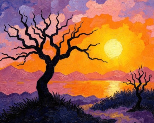 Vibrant Sunset Over Tranquil Landscape with Mountains