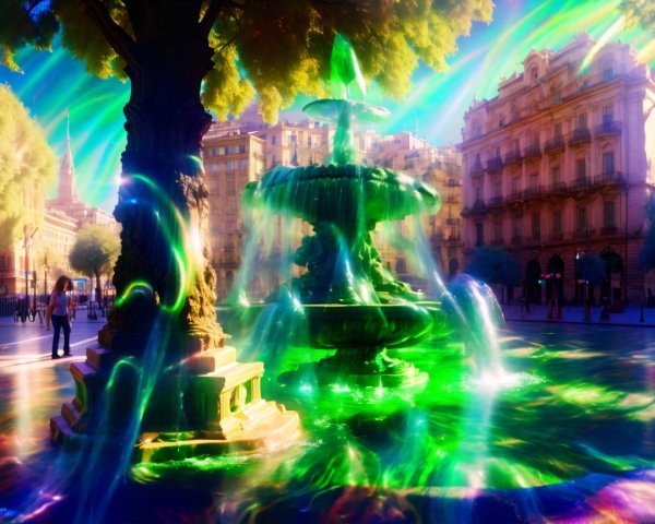 Vibrant city square with grand fountain and lush trees