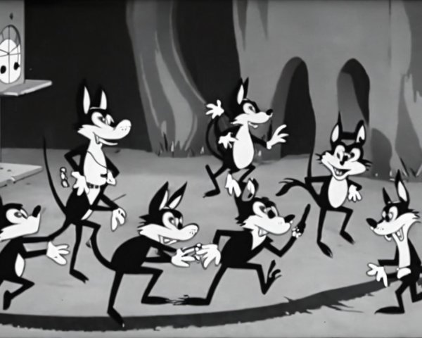 Playful Cartoon Wolves in Whimsical Black-and-White Scene