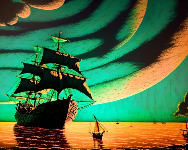 Majestic sailing ship in a vibrant, surreal sea
