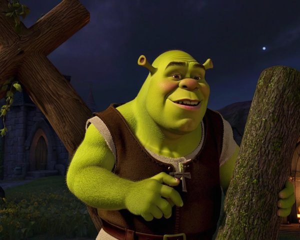 Cheerful Green Ogre in Whimsical Moonlit Setting