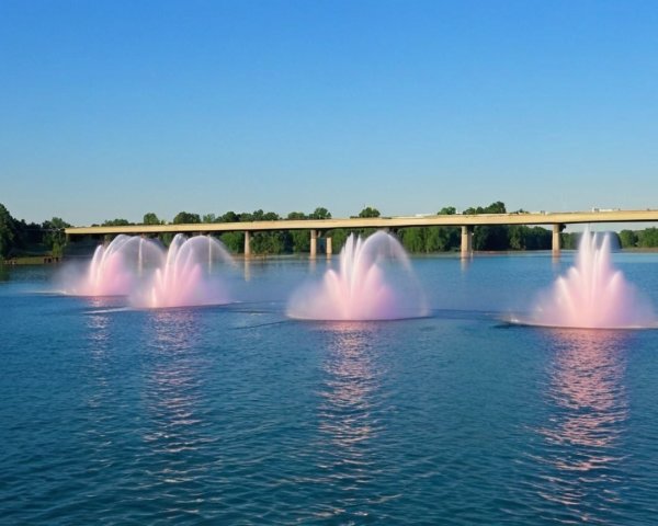 Serene lake with pink fountains and scenic bridge