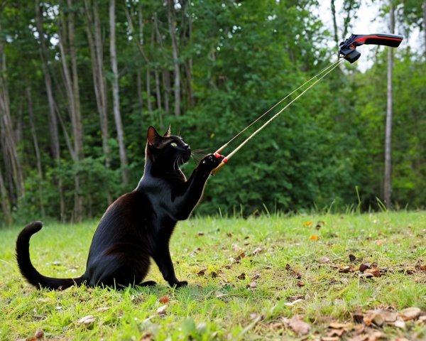 Sleek black cat playing with a toy outdoors