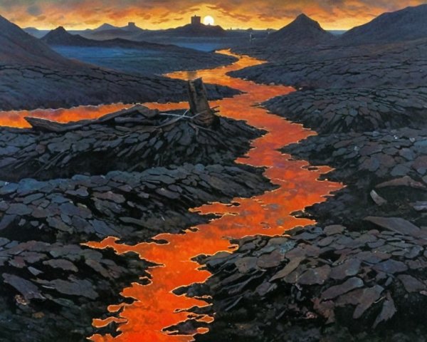 Dramatic Volcanic Landscape at Sunset with Lava