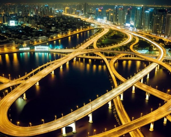 Nighttime Cityscape with Illuminated Highways and Bridges