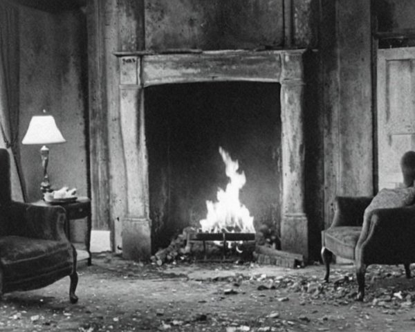 Dimly Lit Room with Fireplace and Neglected Decor