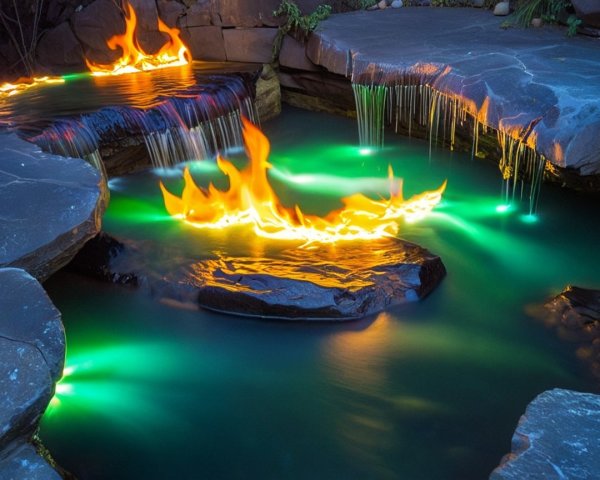 Tranquil Water Feature with Flames and Green Lights