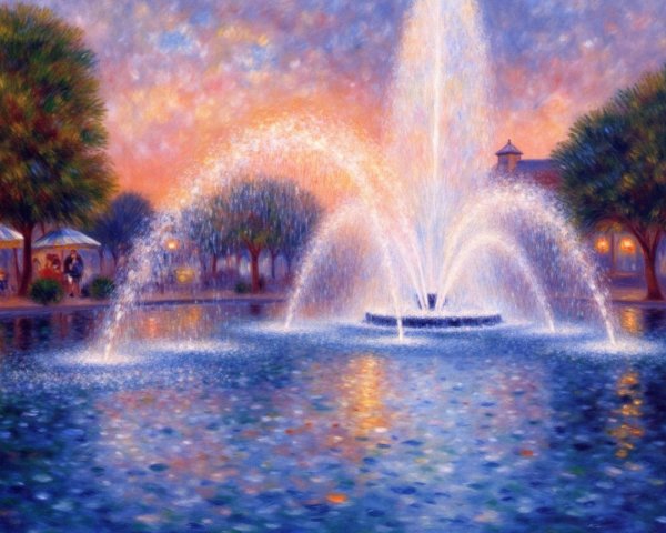 Serene Fountain at Sunset with Lush Greenery