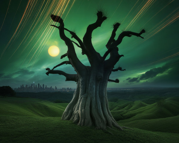 Ancient Tree on Green Hills Under Night Sky