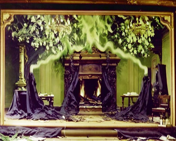 Surreal Theatrical Interior with Draped Figures and Foliage