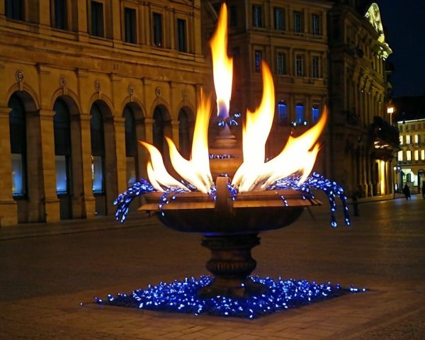 Vibrant Fountain with Flames and Cascading Water