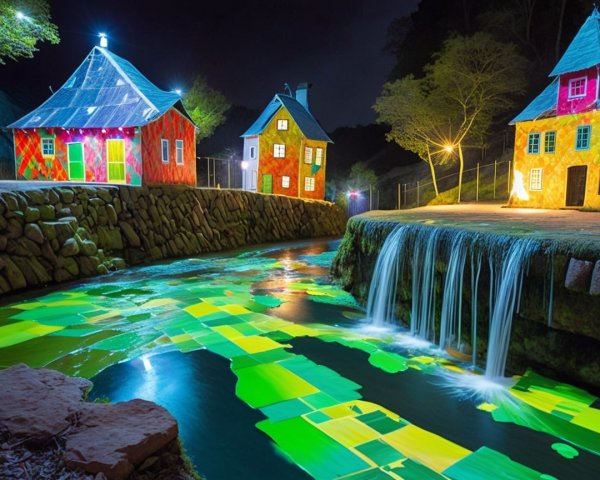 Vibrant Nighttime Scene with Colorful Houses and River