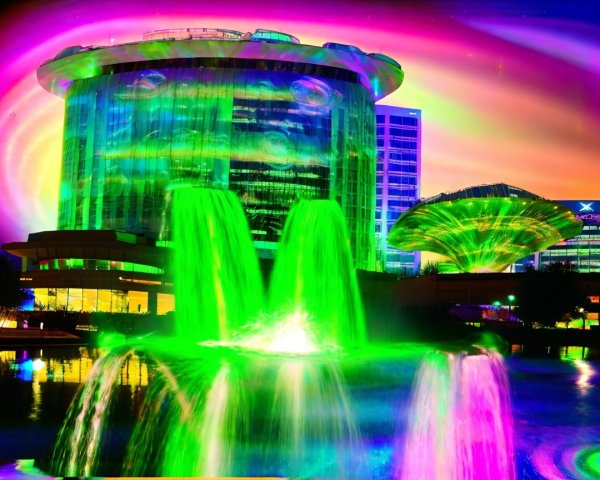 Vibrant Urban Landscape with Colorful Projections and Fountain