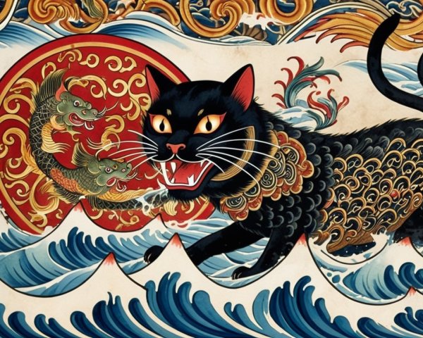 Fierce Black Cat Amid Waves and Koi Fish Design