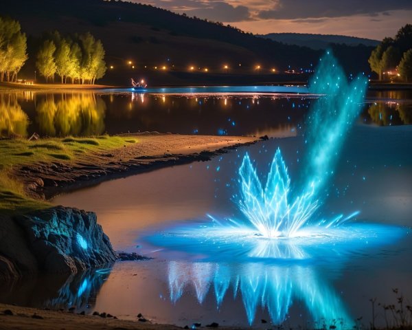 Twilight Lakeside Scene with Sparkling Blue Light