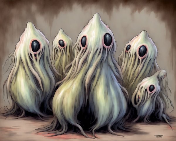 Eerie Ghost-Like Figures with Bulbous Black Eyes