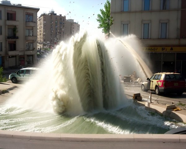 Urban Water Eruption from Burst Pipe Creates Chaos