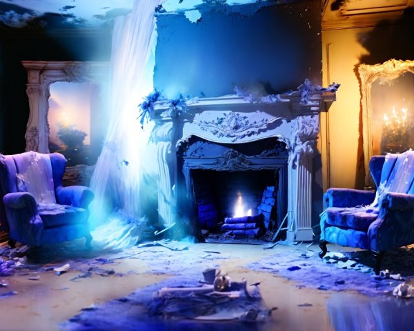 Ethereal Living Room with Blue Armchairs and Fireplace