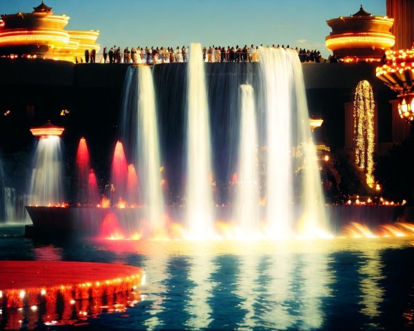 Grand Waterfall with Colorful Lights and Architecture