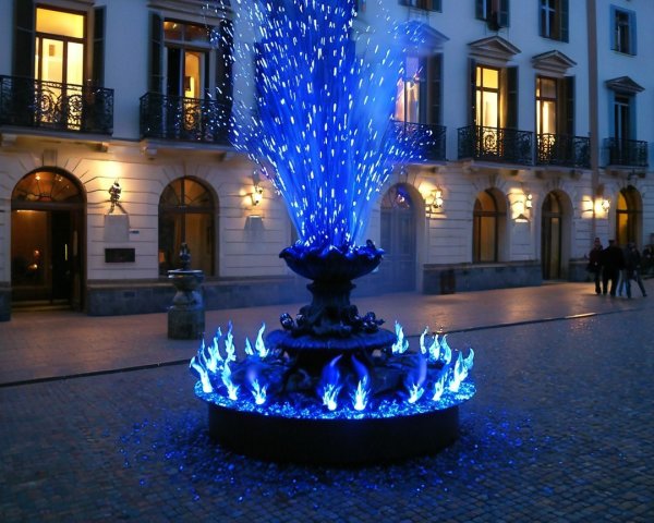 Urban Fountain with Vibrant Blue Water Jets and Lights