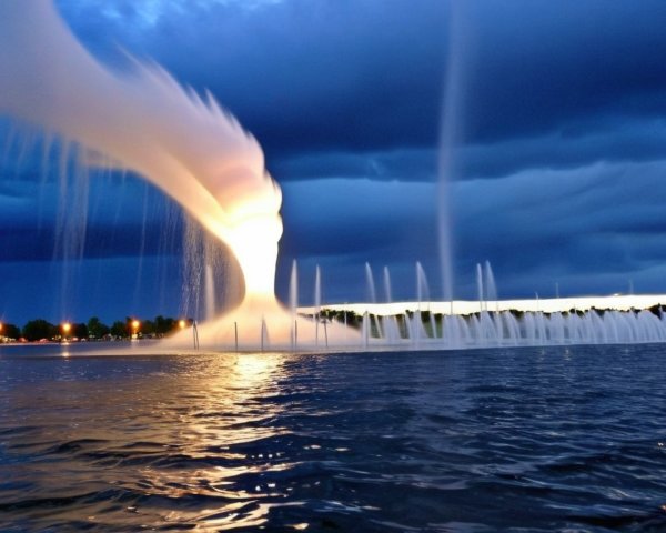 Fountain Water Spray Against Dark Cloudy Sky