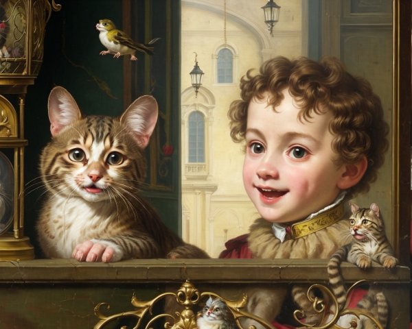 Portrait of a Young Boy with a Bengal Cat and Kittens