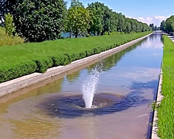 Serene Landscape with Waterway and Fountain
